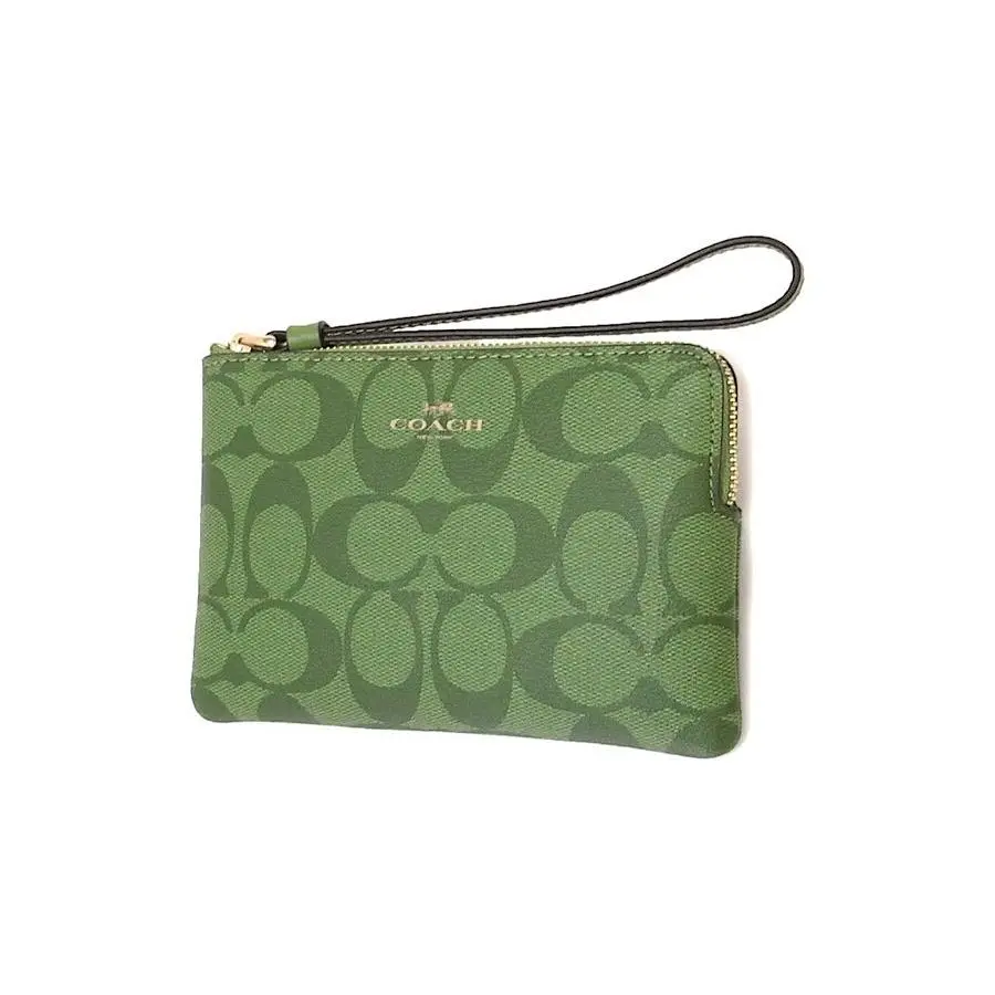 Coach Corner Zip Wristlet Purse Signature Canvas Leather 91178 Neon Green