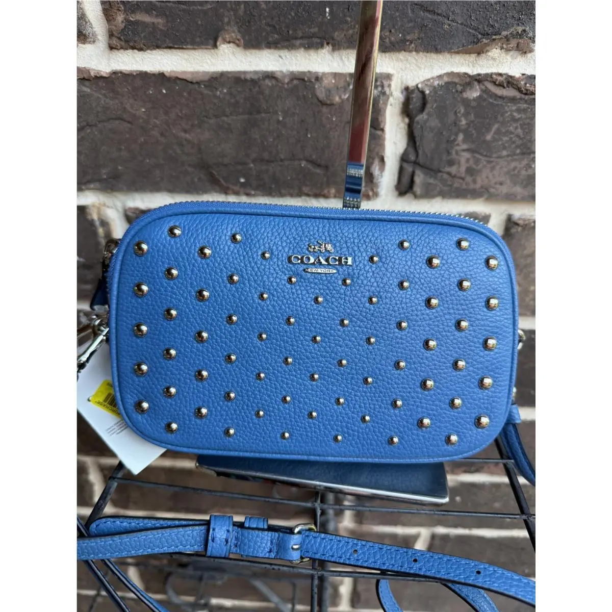 Coach Crossbody Clutch Pebbled Leather Lapis Blue Ombre Rivets Double Zip