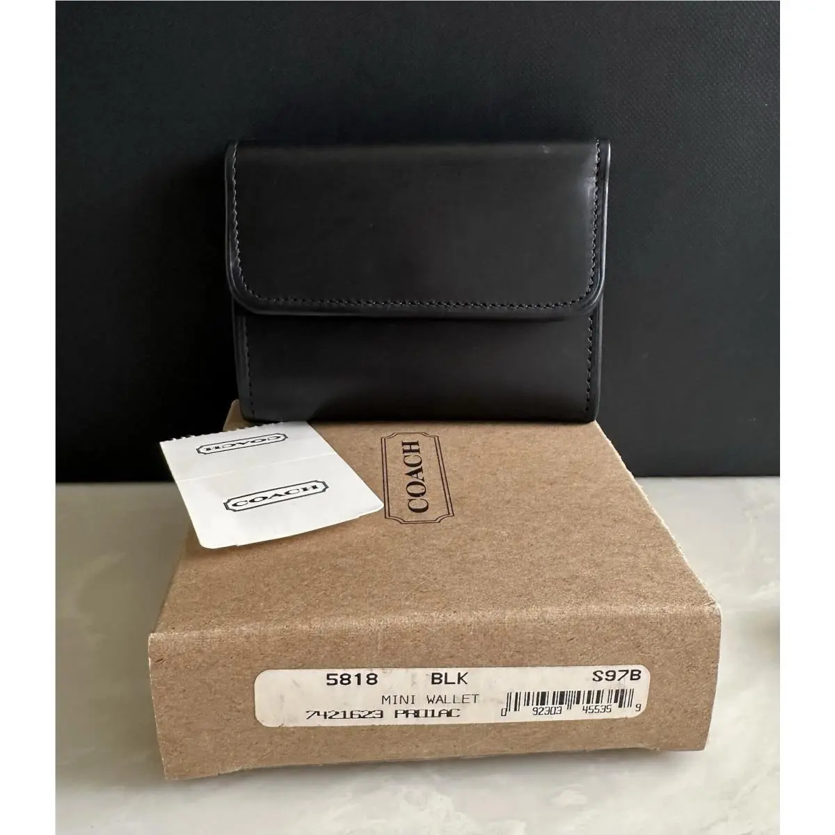 Coach Shiny Black Buffalo Leather Mini Wallet Brass 5818 Box