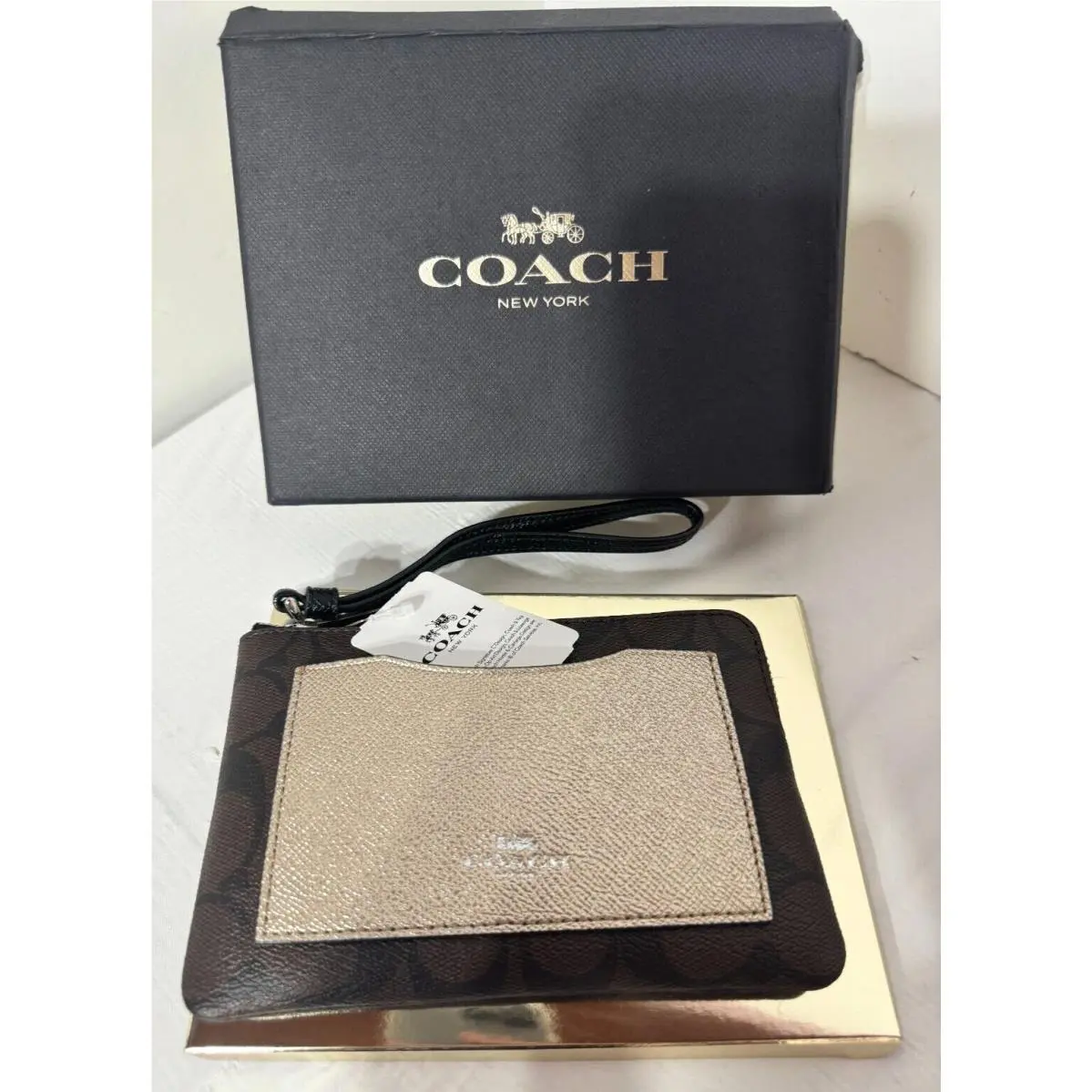 Coach F22713 Boxed Corner Zip Wristlet w Metallic Brown Black Platinum