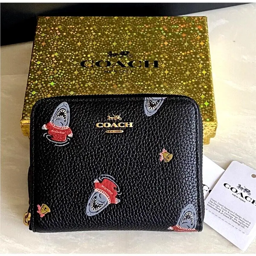 Coach Black/multi Pebble Leather SM Zip Around Wallet Gift Box C0596