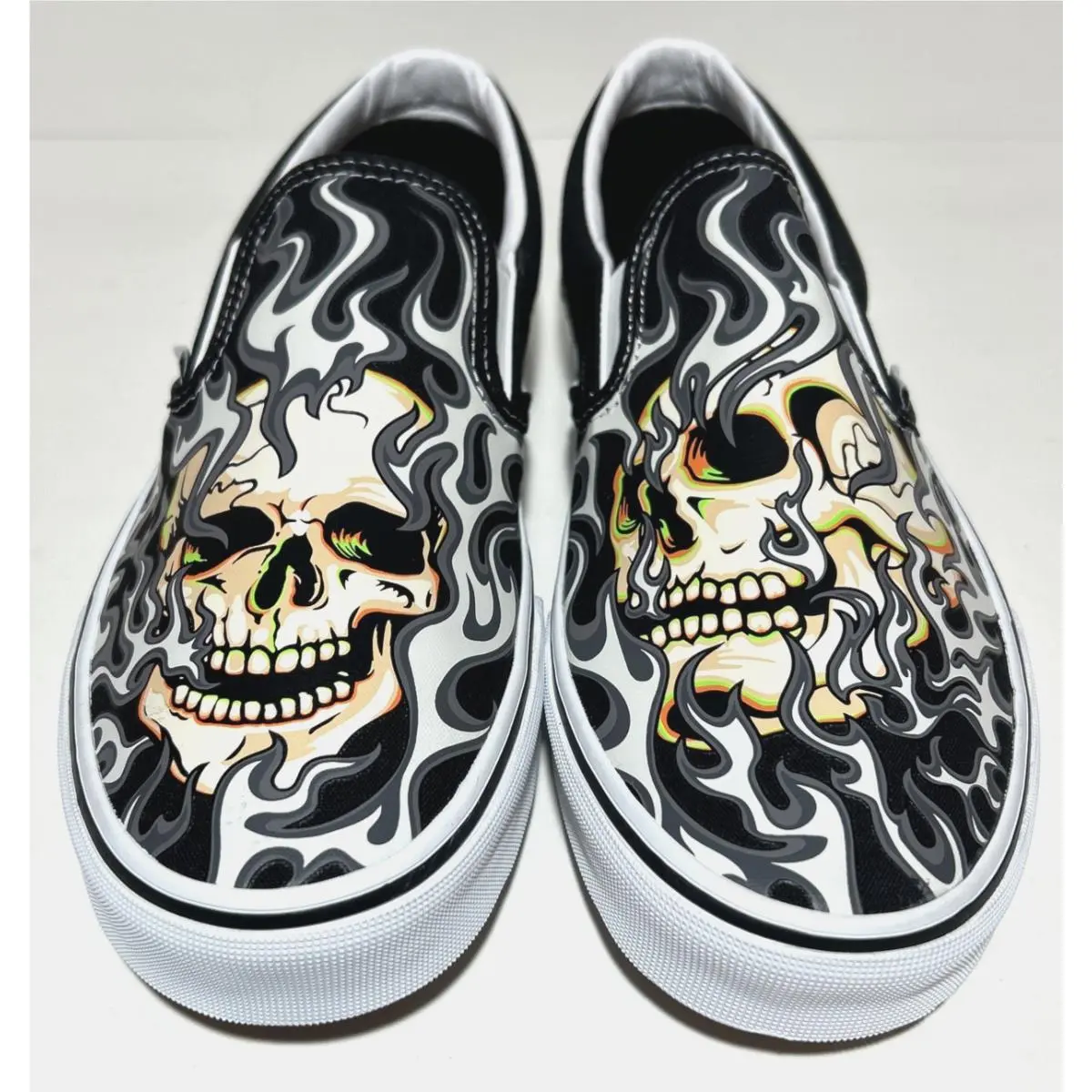 Slip On Flame Skull Mens Size 7 Black White Tattoo Art Sneakers by Vans