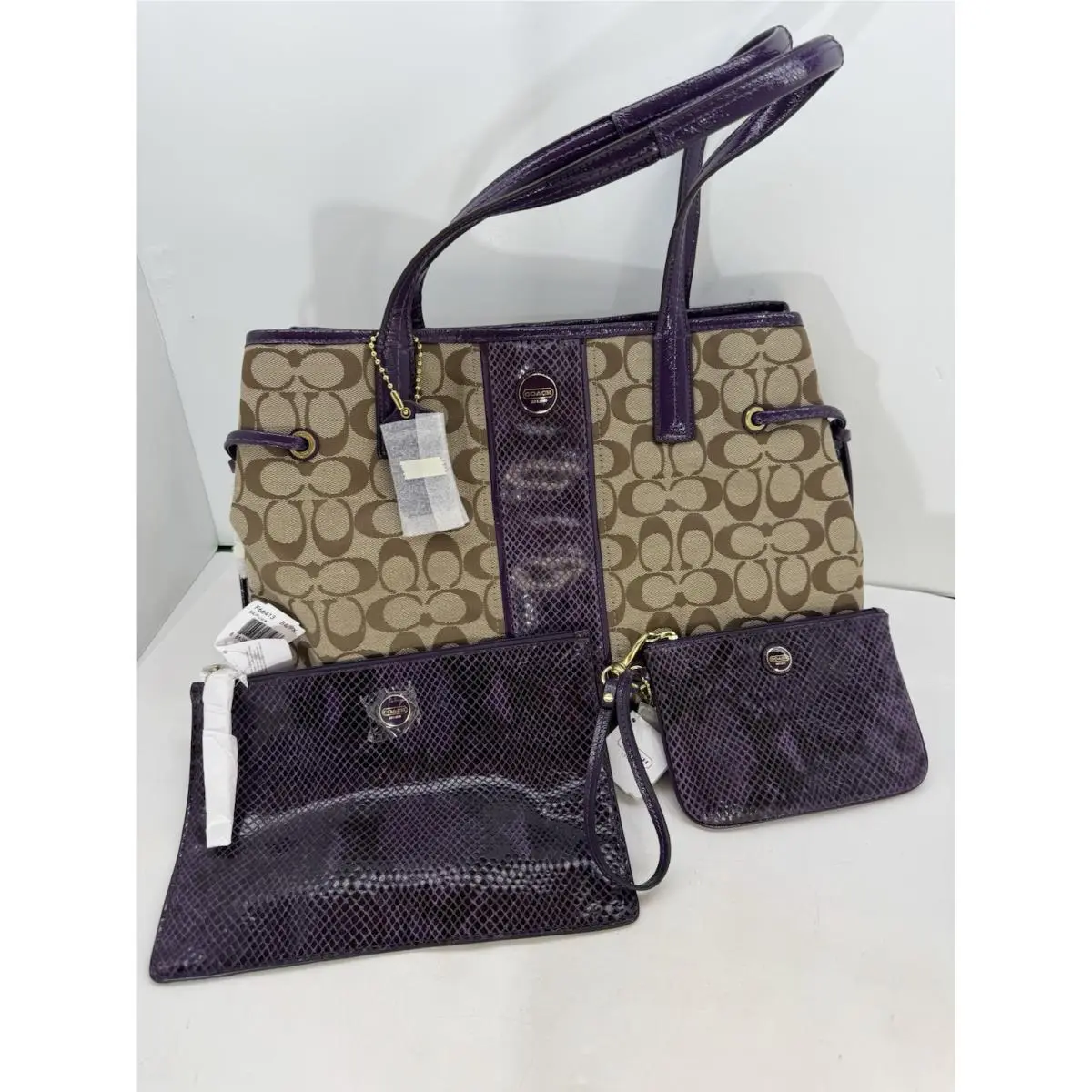 Coach Signature Monogram Purple Python Stripe Satchel Double Handle Purse