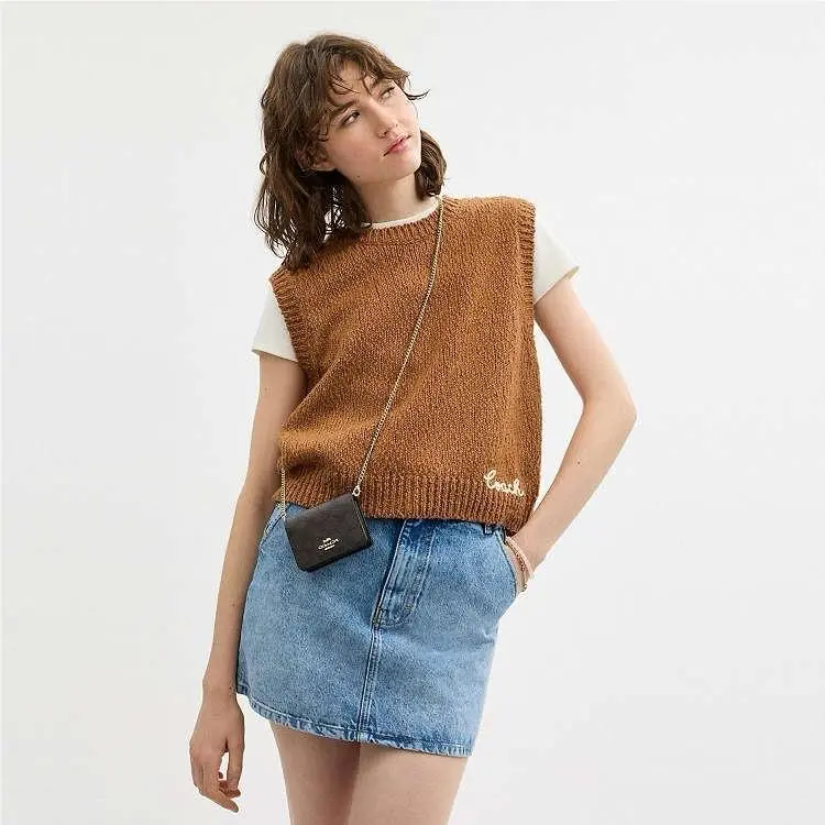Coach Mini Wallet On A Chain In Signature Canvas Brown/black Leather CZ278