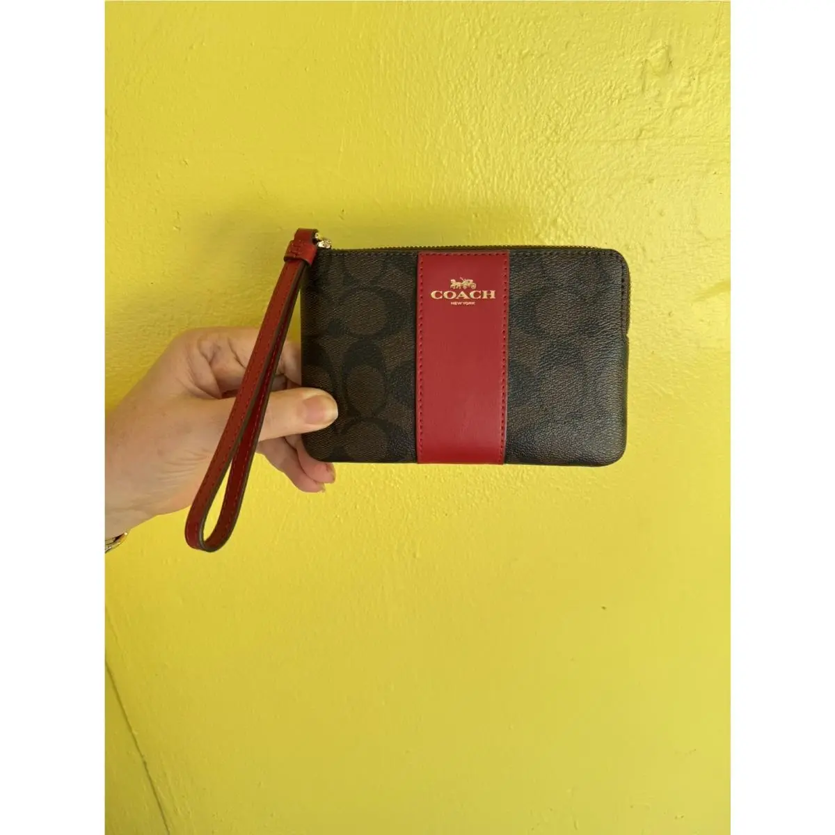 Coach Signature Cs Red and Brown Wristlet Wallet 58035