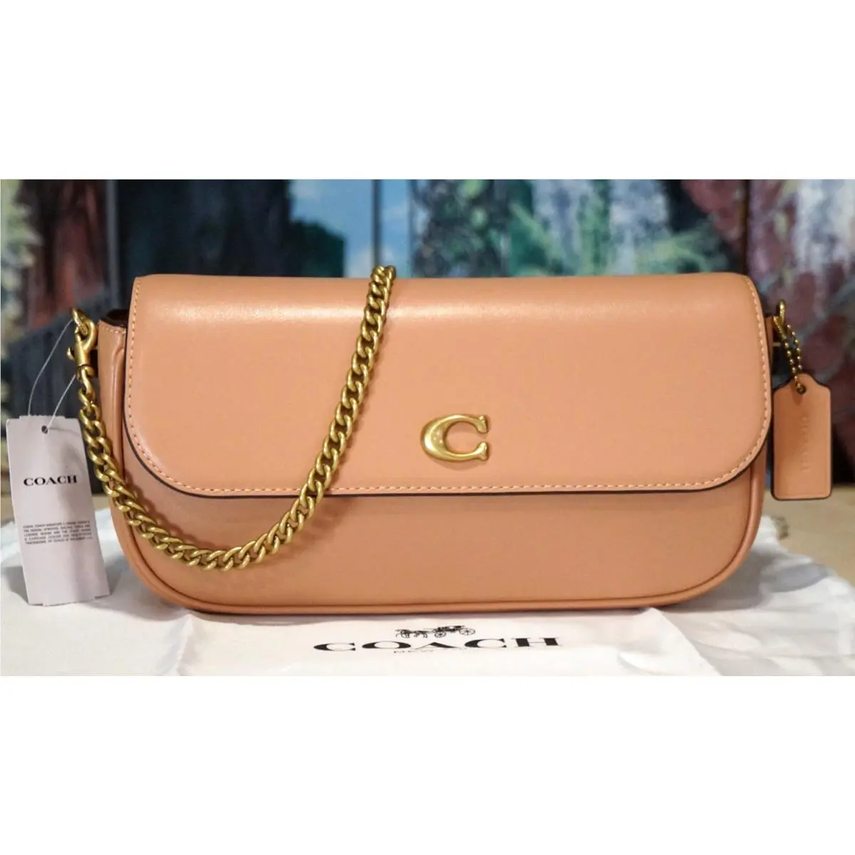 Brook Flap Chain Shoulder X-body Bag CAN90 In Peach Calf Leather Brass by Coach