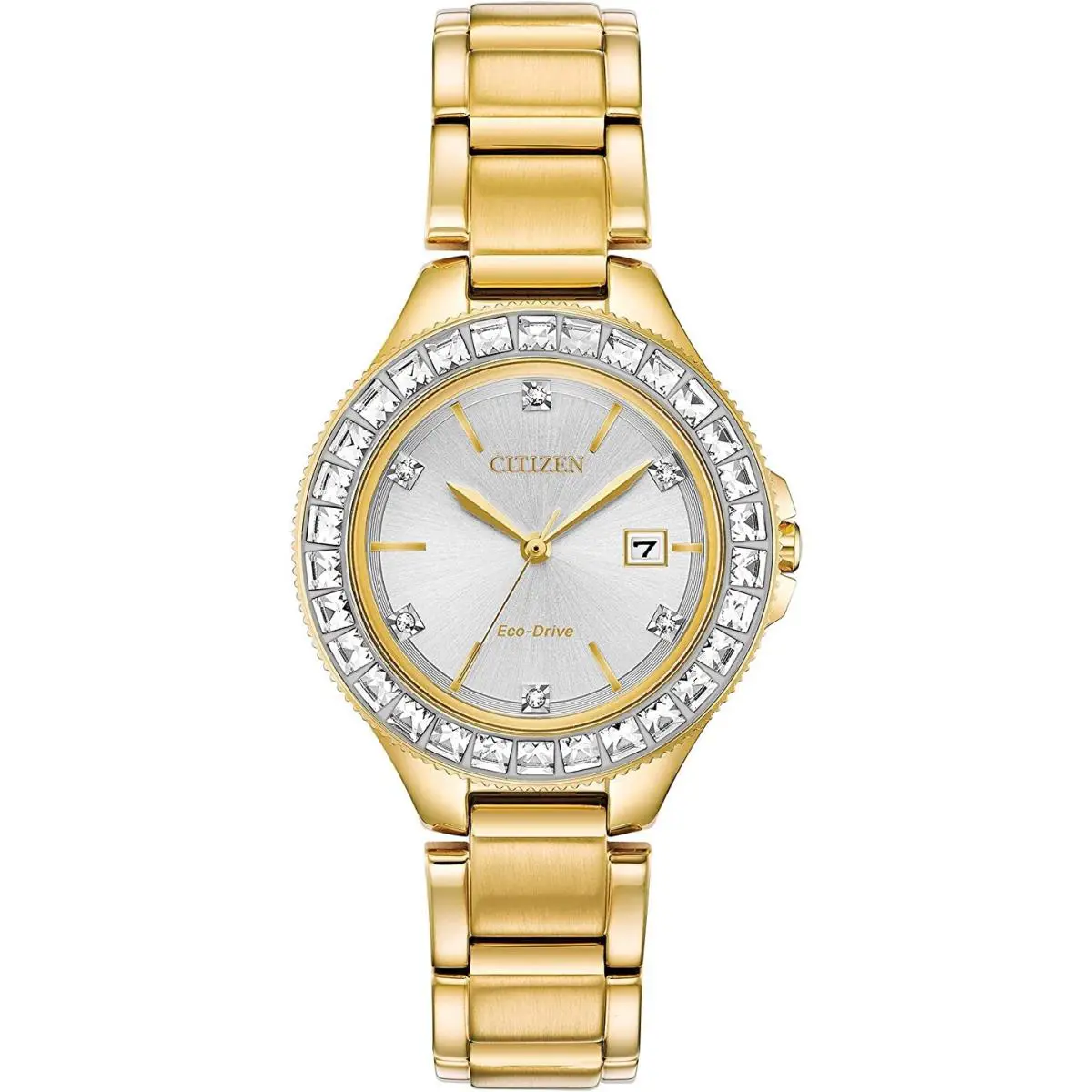 Citizen Eco-drive Ladies Silhouette Crystal Bezel Gold Tone Watch FE1192-58A - Dial: Silver, White, Band: Gold, Bezel: Silver
