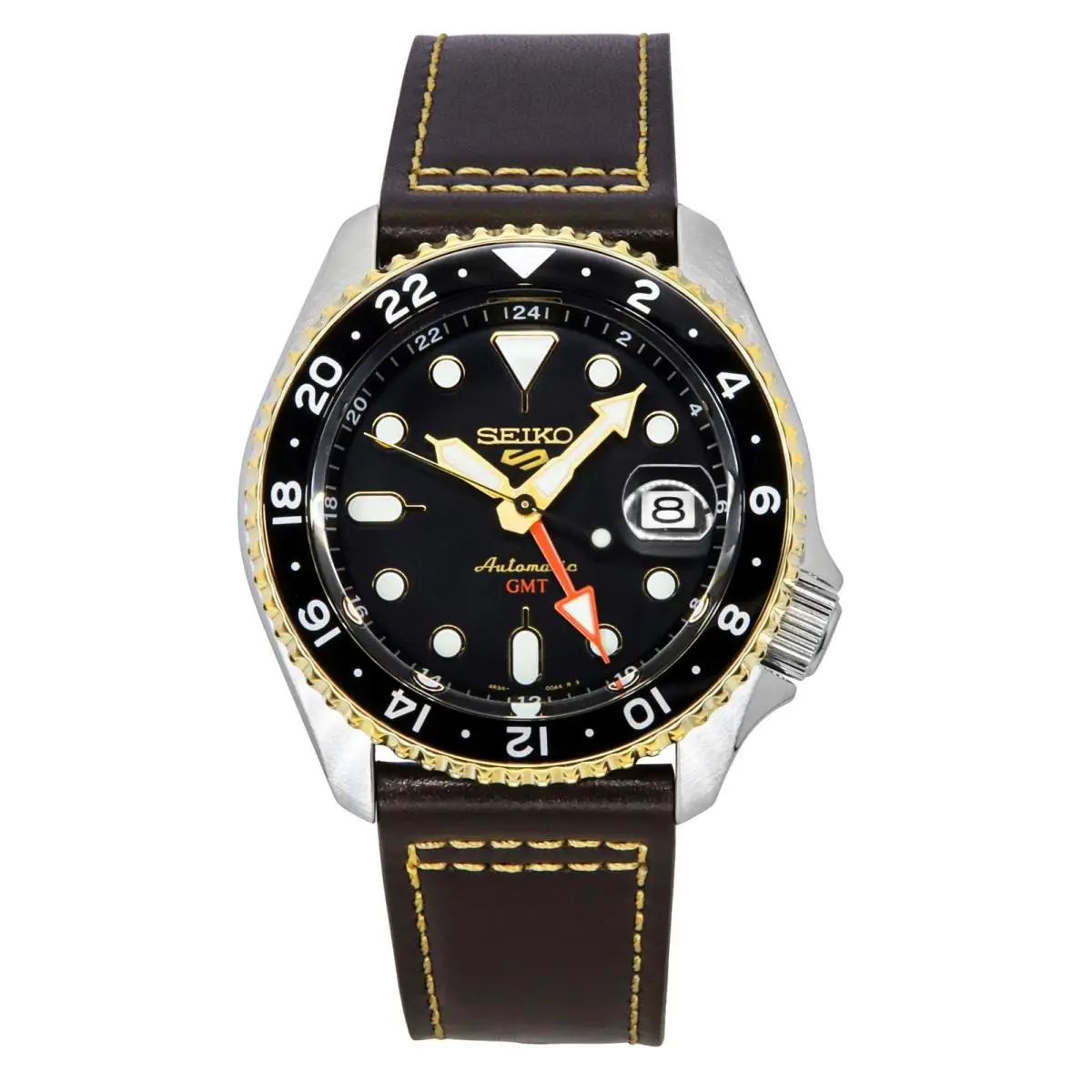 5 Sports Skx Gmt Leather Strap Black Dial Automatic SSK036K1 Men`s Watch by Seiko