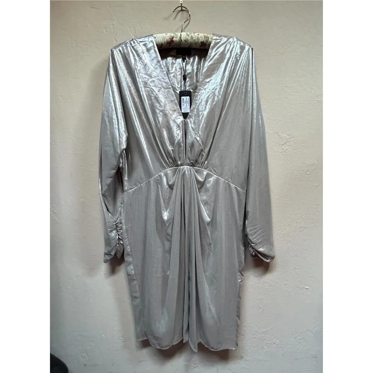 Rag Bone Women`s Eloise Metallic Mini Dress Size 10 V-neck Silver