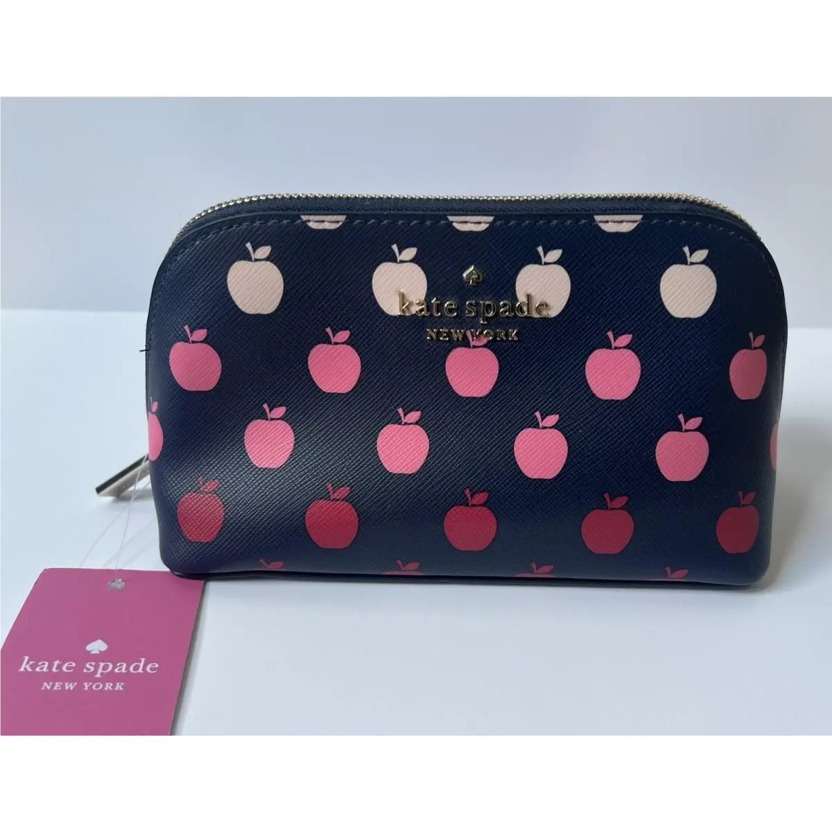 Kate Spade Staci Navy Blue Pink Orchard Apple Printed Cosmetic Bag