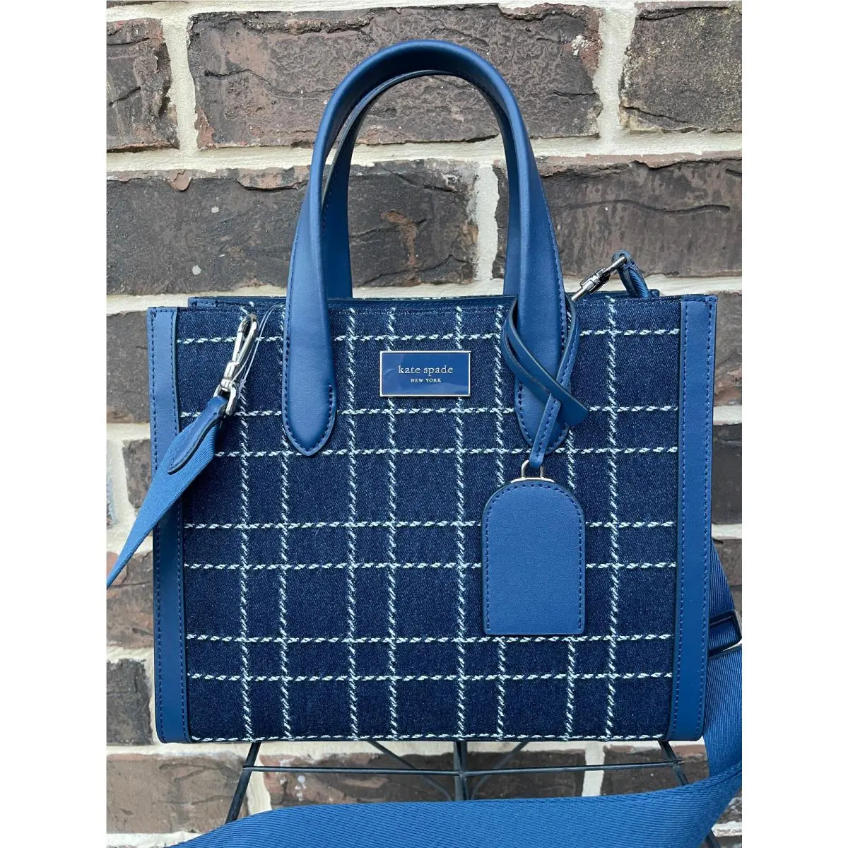 Kate Spade Manhattan Denim Check Sm Tote Indigo Blue Multi