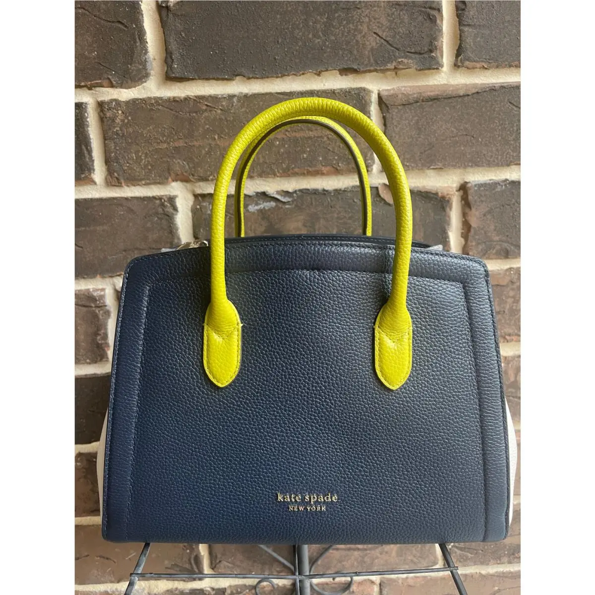 NWT$398 Kate Spade Knott Satchel Colorblock Bright Green Blazer Blue Pebble Lthr