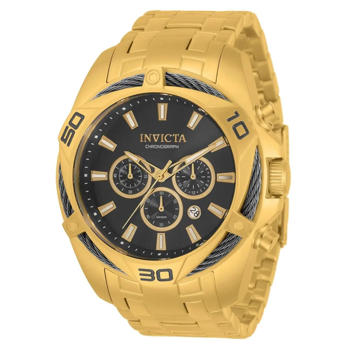 Invicta Men`s 50mm Bolt Quartz Chronograph Gold Tone Grey Dial Bracelet Watch