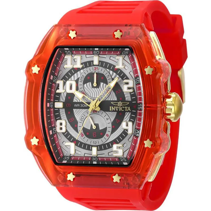 Invicta Men`s 48.5mm Racing Cyclone Quartz Chronograph Red/gold Tone Watch - Dial: Transparent, Grey, Black, Band: Black, Gray, Bezel: Red