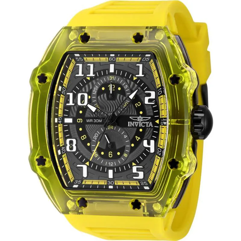 Invicta Men`s 48.5mm Racing Cyclone Quartz Chronograph Yellow Tone Watch - Dial: Transparent, Grey, Black, Band: Yellow, Bezel: Gray