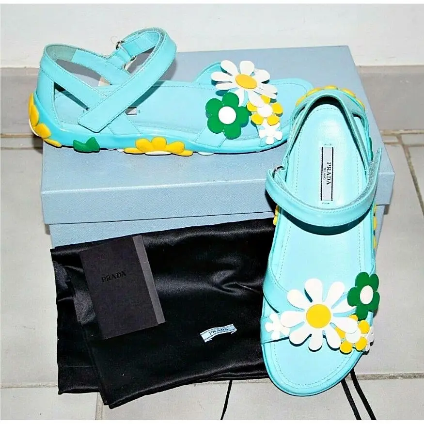 Prada Floral Appliquéd Blue Patent-leather Sandals Flats sz US 7 /eu 37
