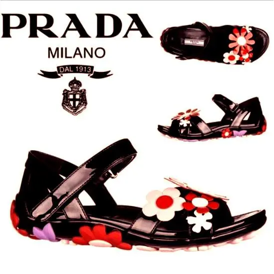 Prada Floral Appliquéd Black Patent-leather Sandals sz US 6.5 /eu 36.5
