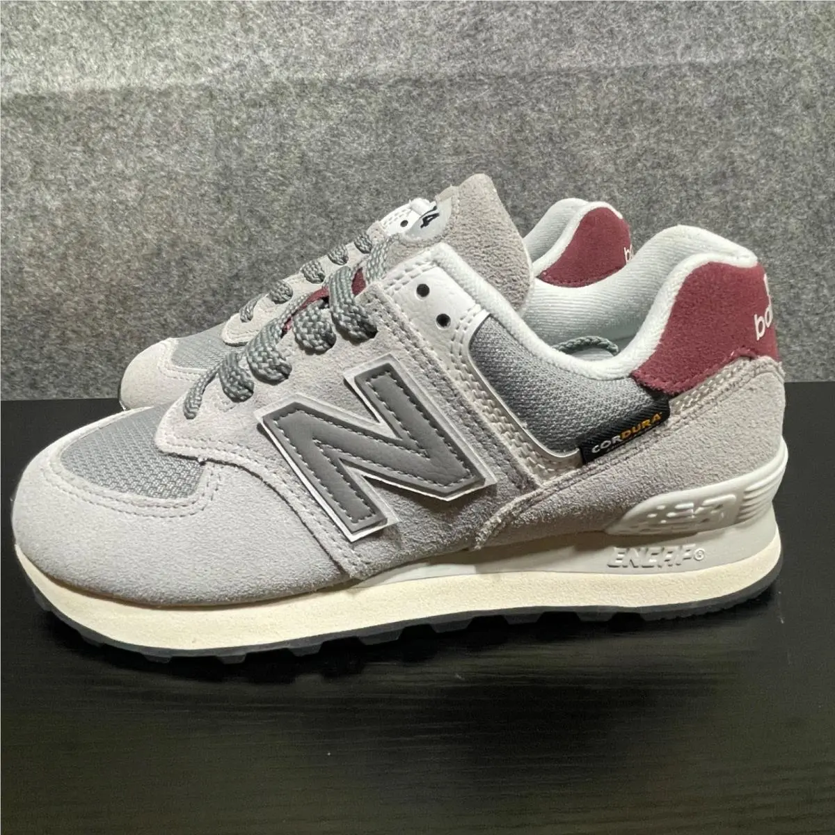 New Balance 574 V2 Shoes Womens 6D Wide Grey Burgundy Suede Mesh Lace Up Sneaker