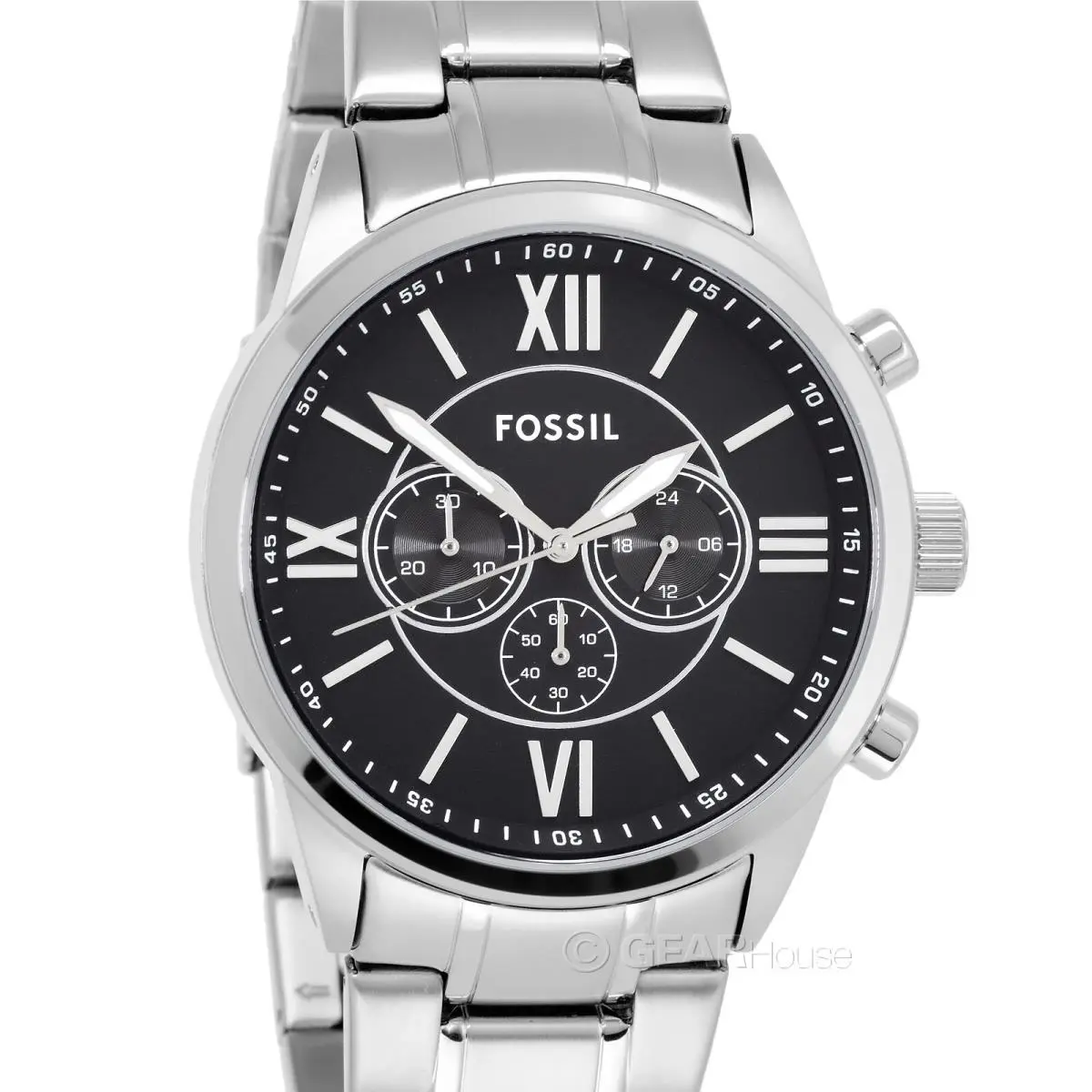 Fossil Flynn Mens Chronograph Watch Large Black Dial Silver Stainless Steel Band