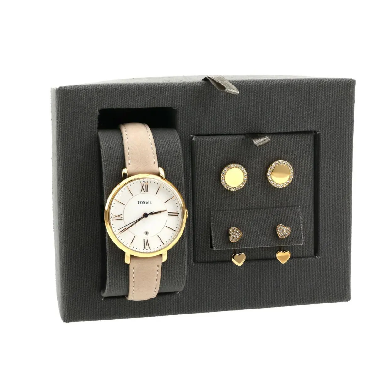 Fossil Women`s Jacqueline Pink Leather Rose Gold Strap Watch Stud Earrings F2107 - Dial: White, Band: Pink