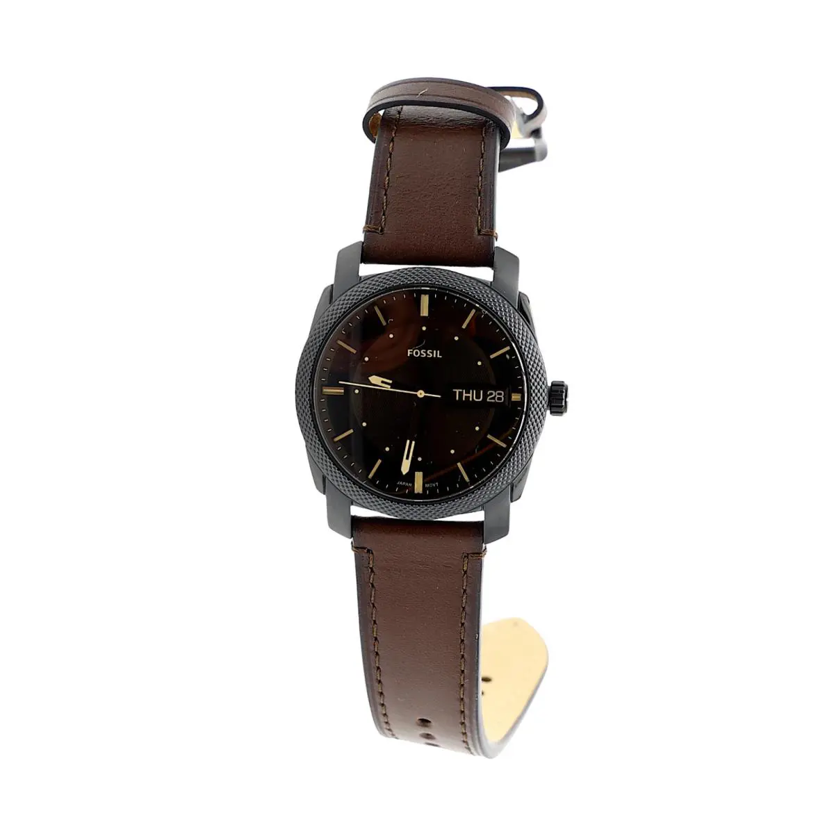 Fossil F1026 Mens Machine Three-hand Date Litehide Leather Watch 42 mm - Dial: Brown, Band: Brown, Bezel: Black