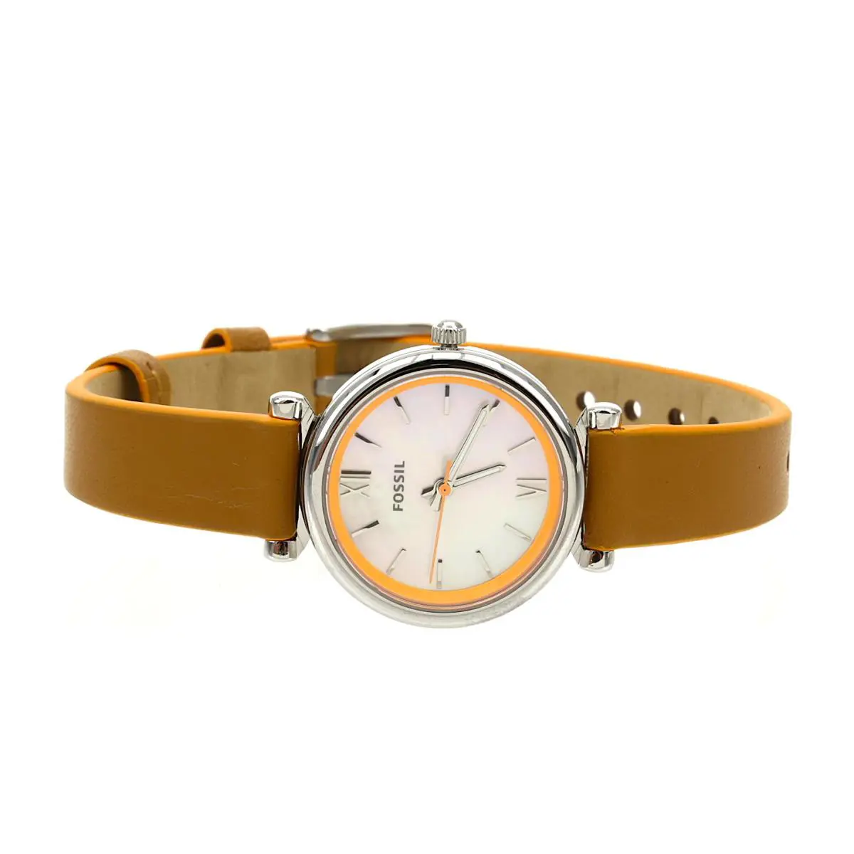 Fossil Carlie Mini Leather Strap Watch F2122 - Dial: Pearl, Band: Brown