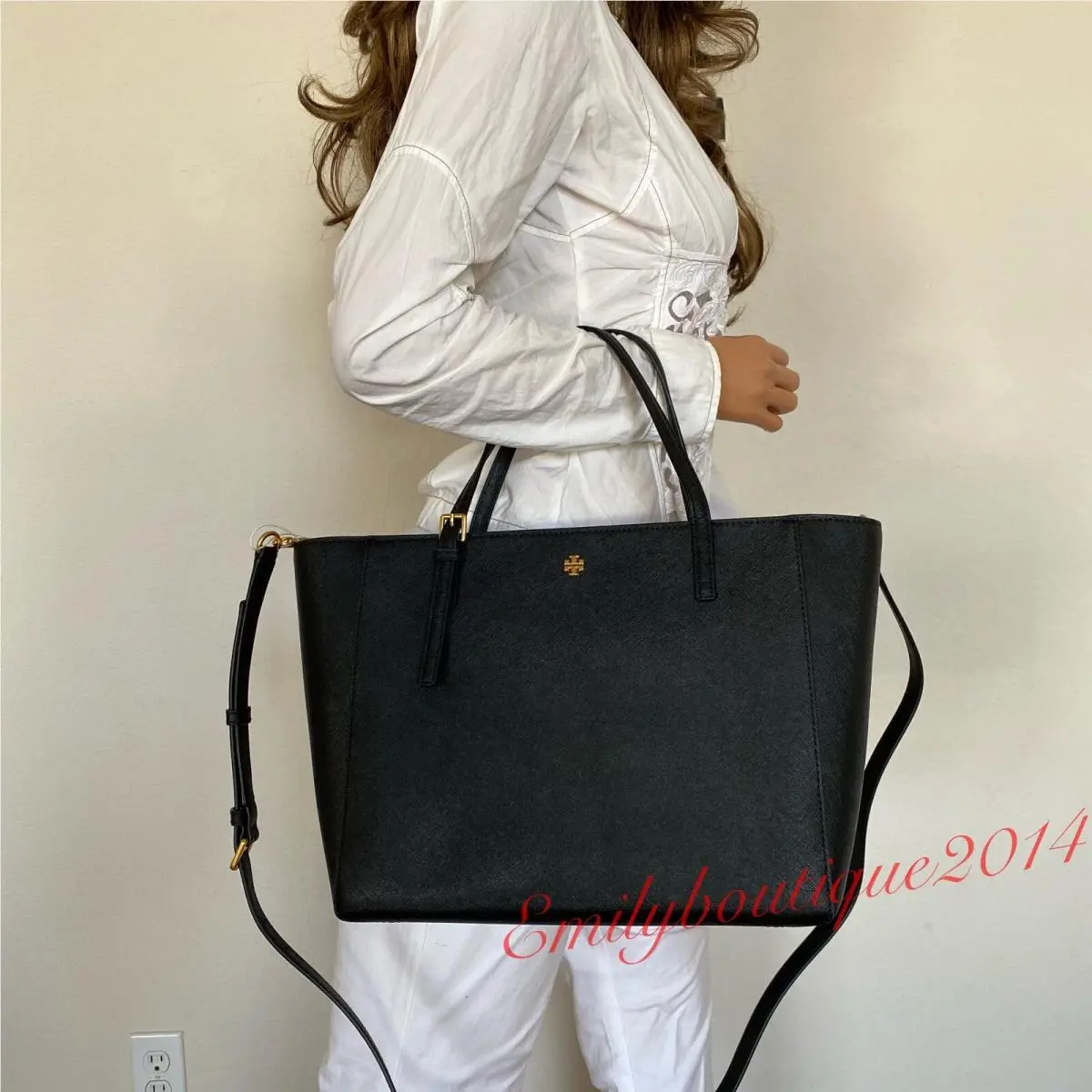Tory Burch 136091 Emerson Small Top Zip Tote Black Leather Bag Crossbody