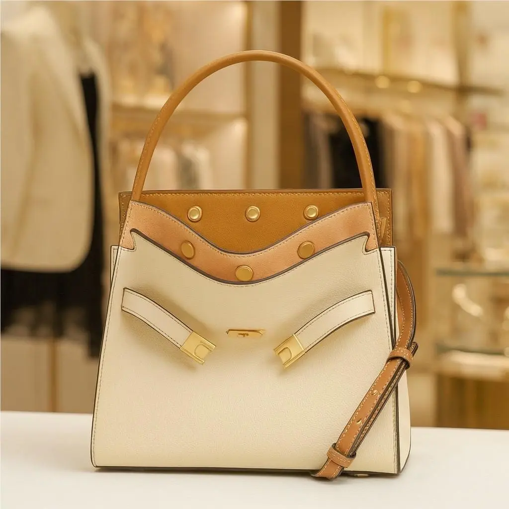 Tory Burch Lee Radziwill Double Moon Cream/tan Pebbled Leather Small Bag