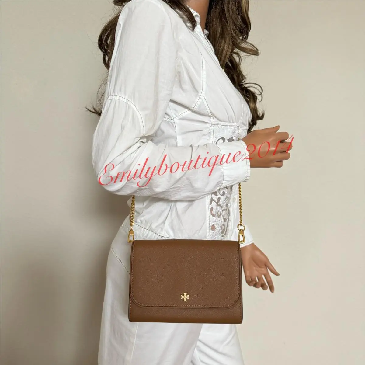 Tory Burch 136093 Emerson Chain Wallet Saffiano Leather Brown Bag Messenger
