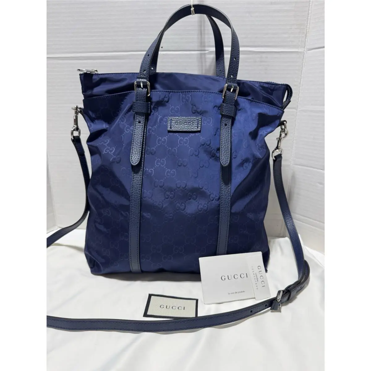 Gucci Men Unisex GG Logo Blu Nylon Leather Crossbody Shoulder Strap Tote Bag