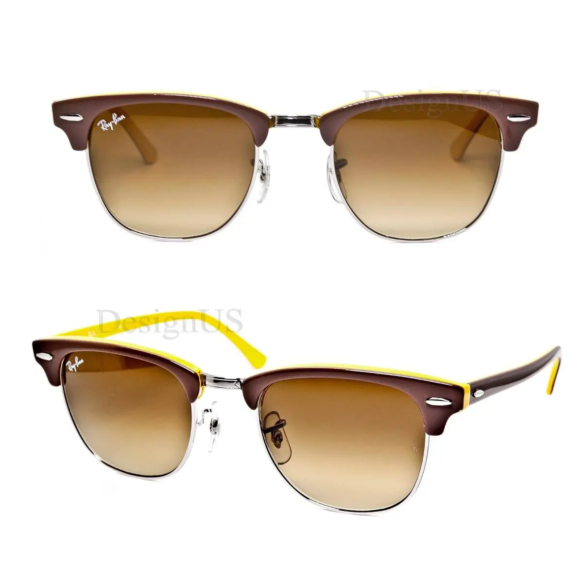 Ray Ban RB 3016 1104/85 Clubmaster Brown Silver Gradient Size 49/21 Sunglasses - Frame: Brown Silver Yellow, Lens: Brown