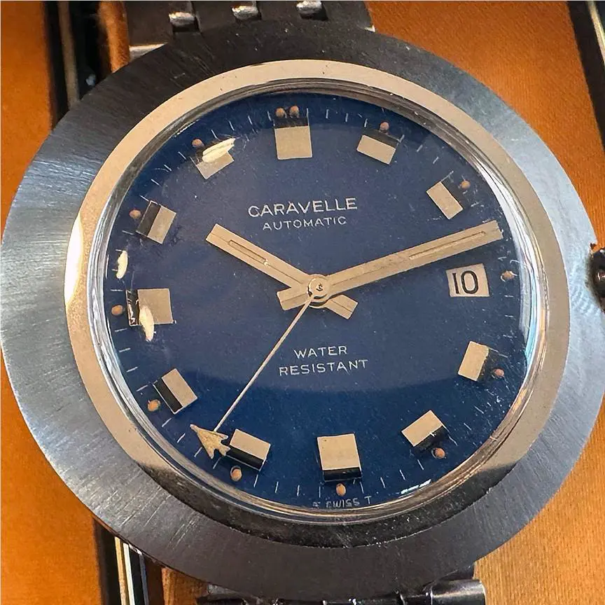 1971 Bulova Caravelle Auto Watch: Asymmetric Case Jet Plane Hand Box