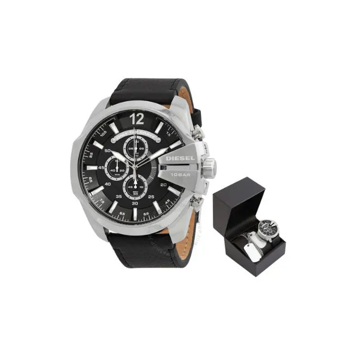 Diesel DZ4559SET Black Chronograph Dial Black Leather Strap Mens Necklace Set