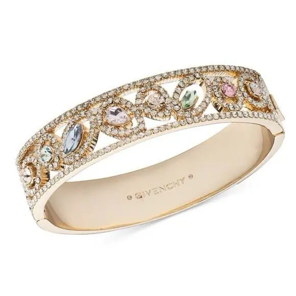 New- Ladies Givenchy Rose Crystal Open Cuff Bracelet Gold Tone Hinged