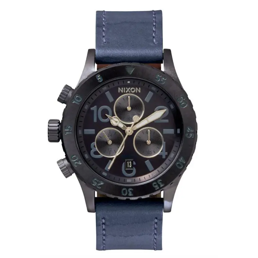 Nixon A5041930 Chronograph Leather Strap Ladies 38mm Watch F1312 - Dial: Blue, Band: Blue / Tan
