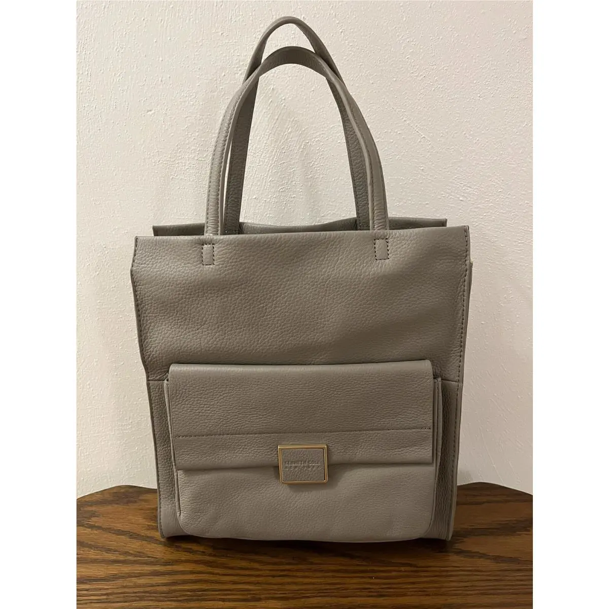 Kenneth Cole New York Christie Leather Tote Handbag Purse Light Gray New