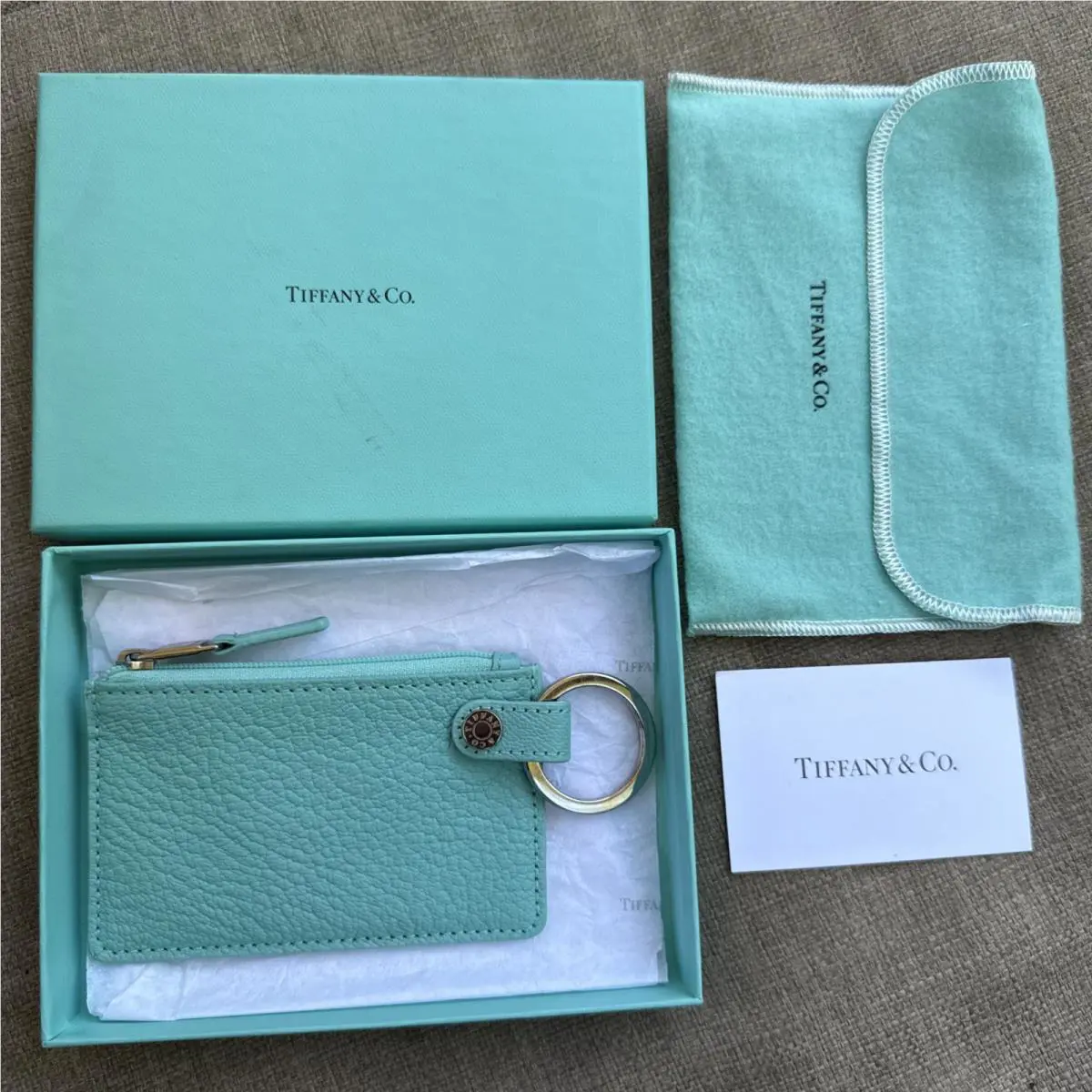 Tiffany Co. Coin Purse Case Green Blue Leather/silver Card Wallet Keycha