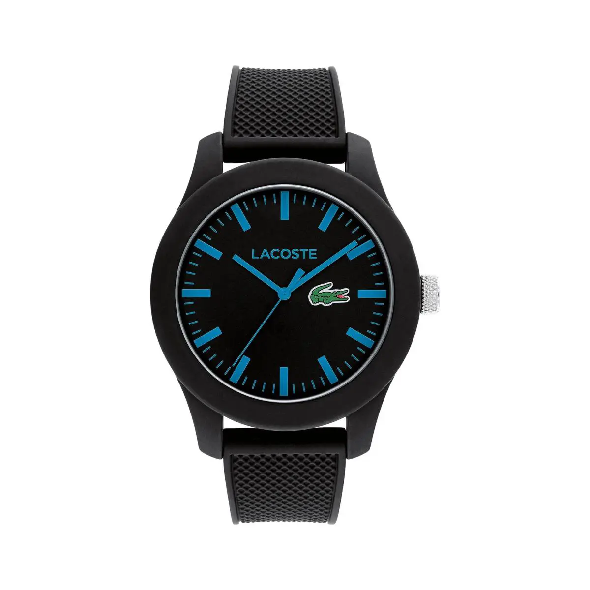 2010791 12.12 Black with Blue Accent Dial Black Silicone Band Mens Watch by Lacoste