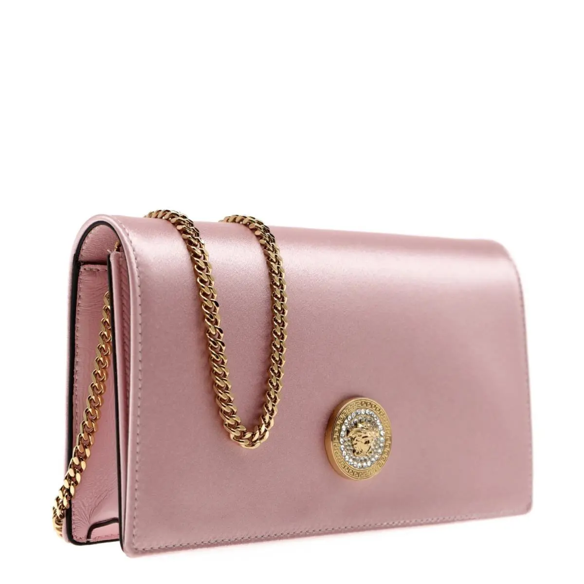 Versace Medusa Crystal Chain Crossbody Pink Satin Fabric - Handle/Strap: Gold, Hardware: Gold, Exterior: Pink