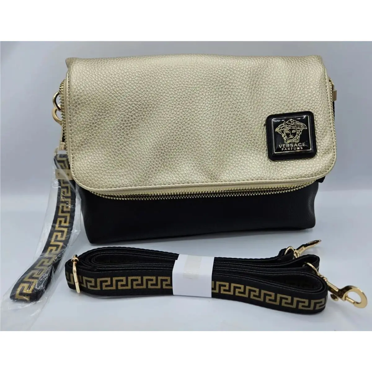 Versace Parfums Gold Black Leather Clutch Crossbody Bag Flap Fold Medusa