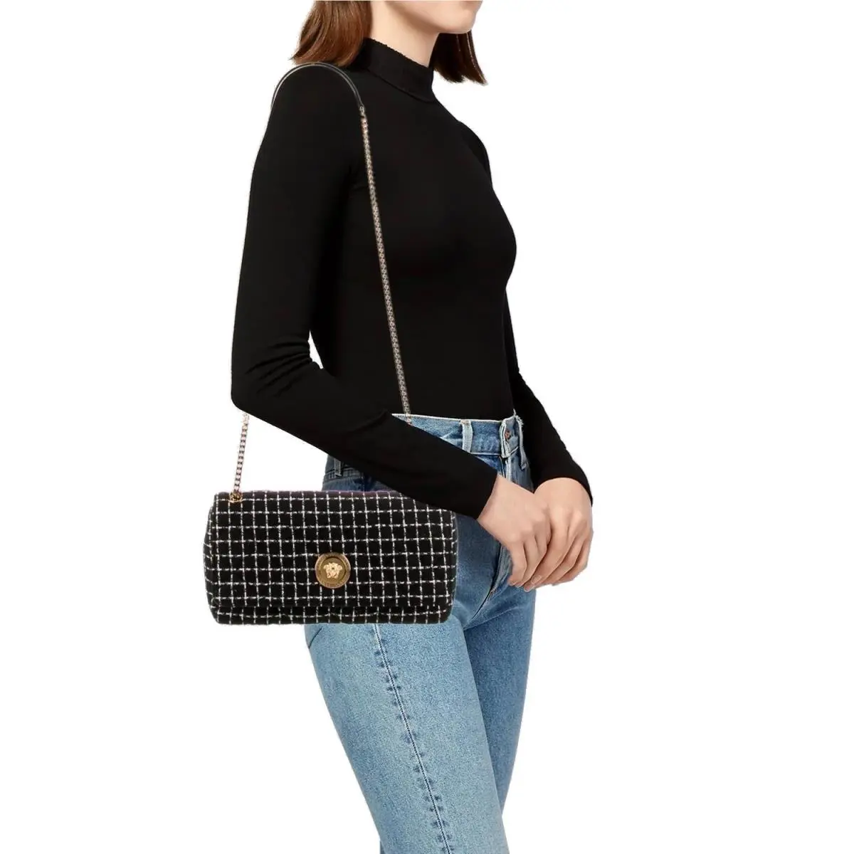 Versace Medusa Chain Shoulder Bag Black Fabric - Hardware: Gold, Exterior: Black, Lining: Black