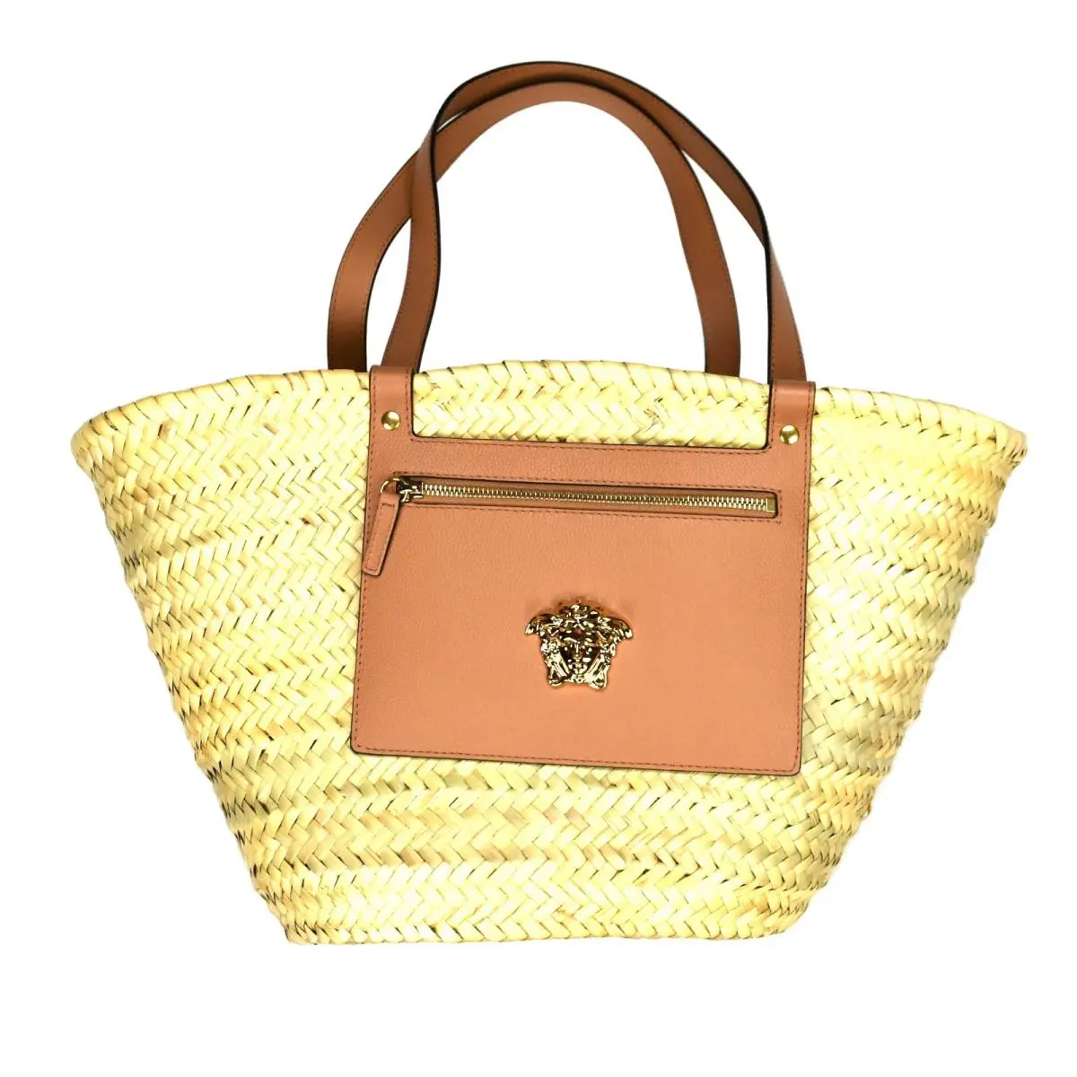 590  Women`s Beige Straw Leather Raffia Tote Bag Beach by Versace