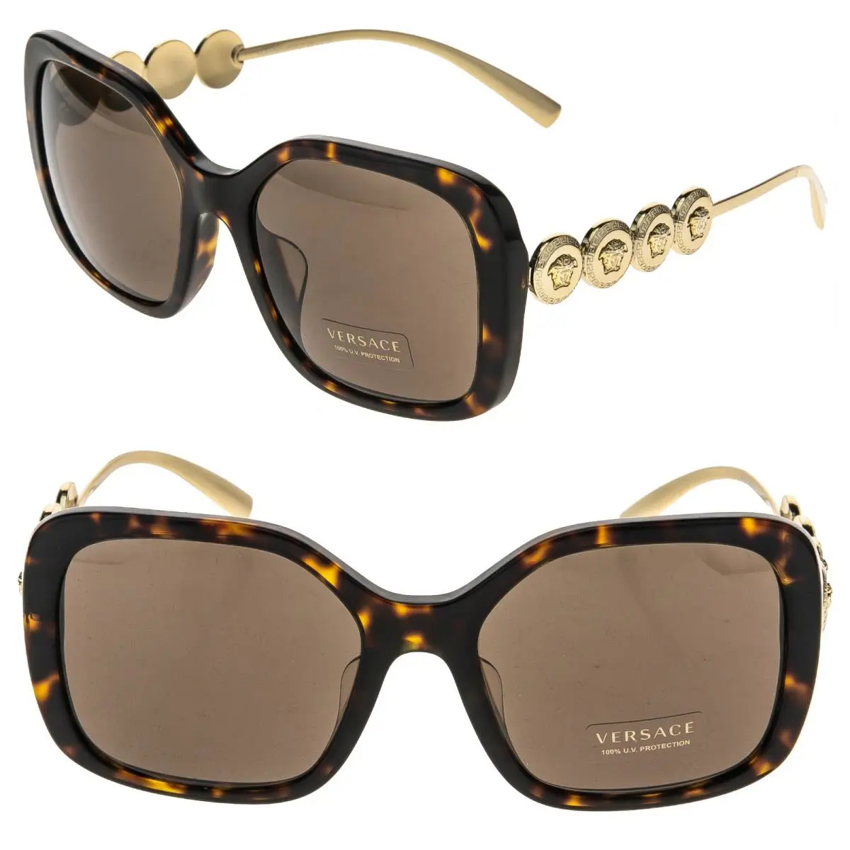 Versace VE4375F 4375 Gold Coin Medusa Stud Brown Rectangular Metal Sunglasses