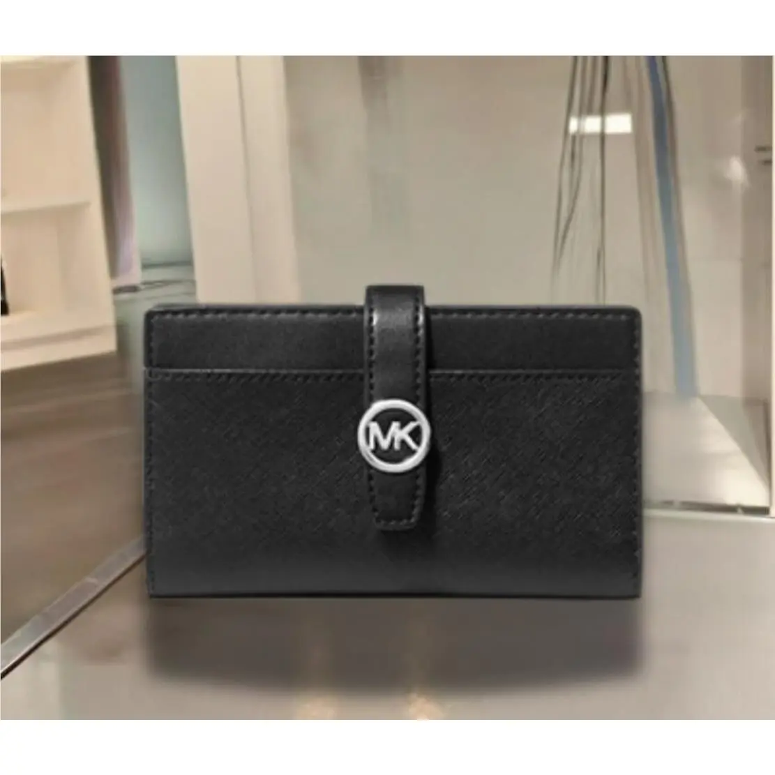 Michael Kors Greenwich Women Medium Leather MK Logo Bi-fold Card Wallet Black