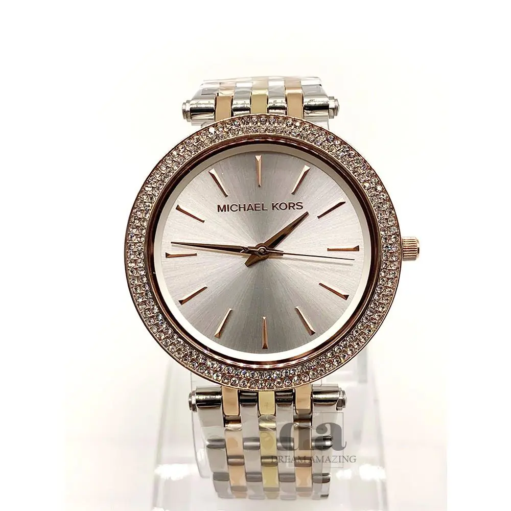Michael Kors MK3203 Mid-size Three-tone Darci Glitz Crystals Women`s Watch - Dial: White, Band: Silver, Bezel: Silver
