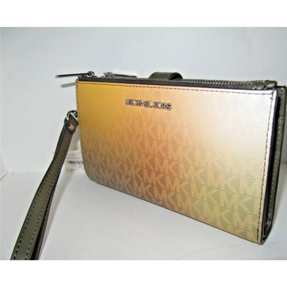 Michael Kors Jet Set Double Zip Wristlet Wallet Olive Multi Logo Phone