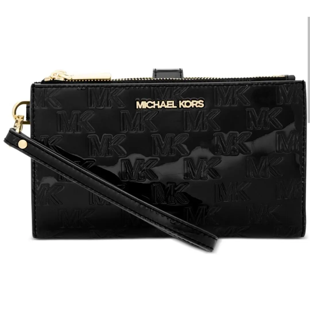 Michael Kors Black Patent Leather Wristlet / Large Wallet Double Zipper Pockets