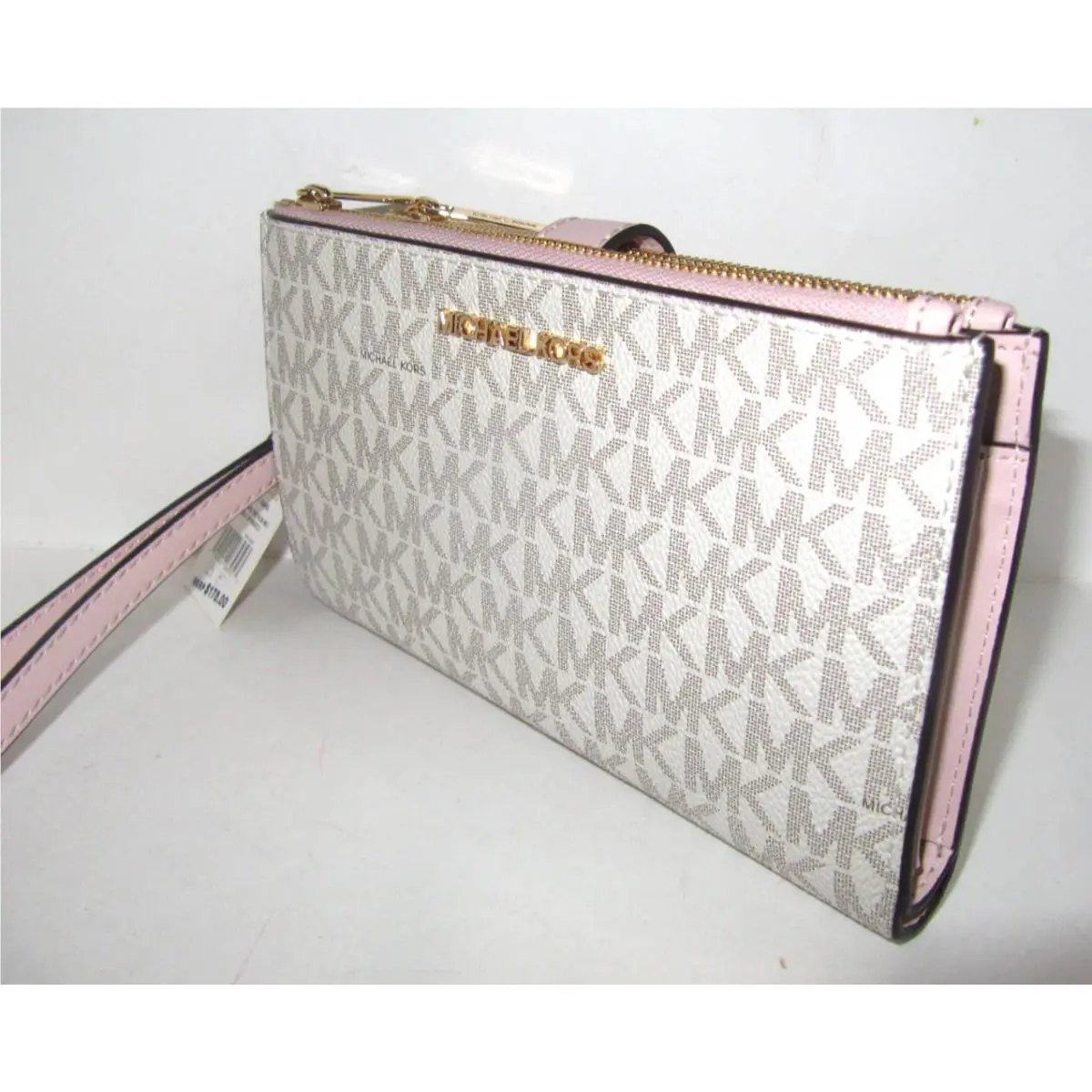 Michael Kors Jet Set Double Zip Wristlet Wallet Powder Blush Logo Phone Pocket