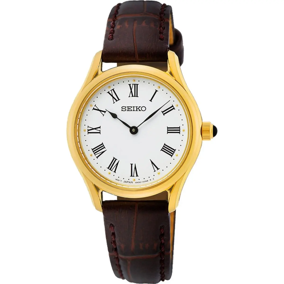 Seiko Women`s Watch Quartz Yellow Gold Tone Case Brown Leather Strap SWR072P1