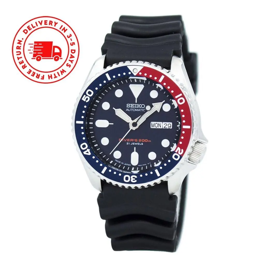 SKX009J1 Automatic 200m Diver Watch Pepsi Bezel Black Dial Stainless Steel by Seiko